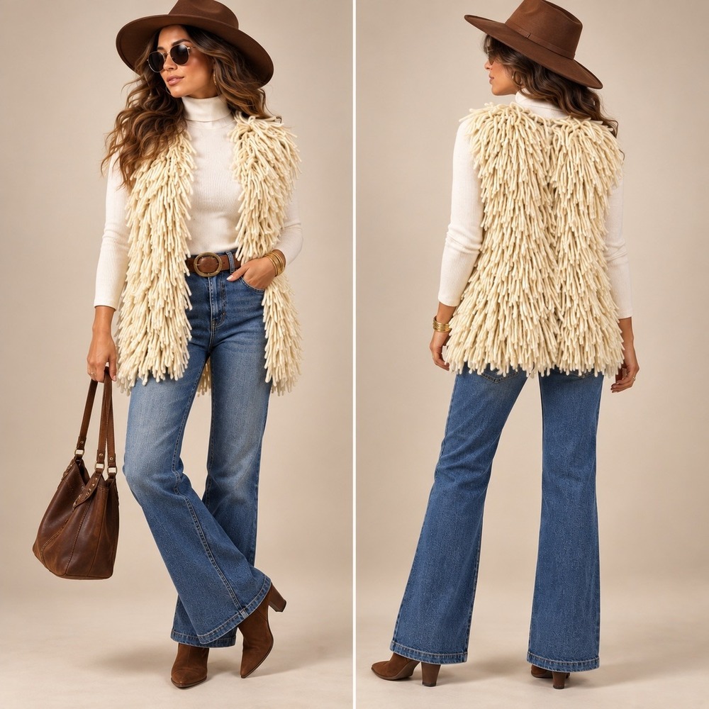 Women Y2K Shaggy Fringe Vest Ivory XL Boho Chunky Knit Festival Western Hippie